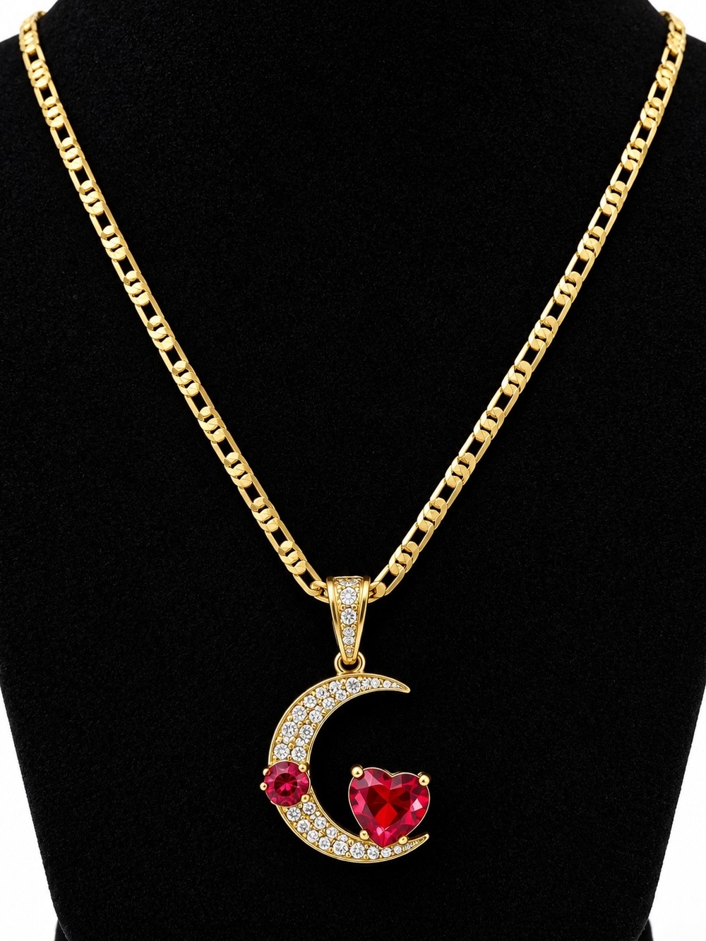 Gold-Tone Crescent Moon Necklace with Red Heart Gem